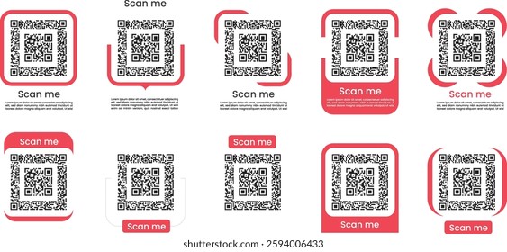 QR code color set. Barcodes with text scan me. Marketing and electronic commerce. Poster or banner for website red color