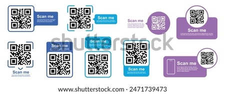 QR code color set. Barcodes with text scan me. Marketing and electronic commerce. Poster or banner for website. Flat vector