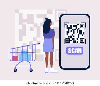 QR code concept. Barcode and QR code reading app. Smartphone with QR code scanner. Colorful flat illustration