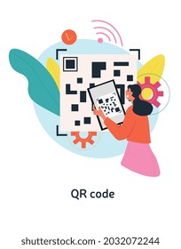 QR code concept. Female character holds large phone in her hands and scans code for information. Cipher for receiving order. Cartoon contemporary flat vector illustration isolated on white background