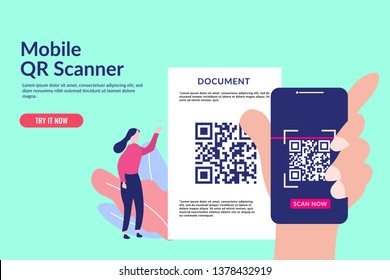 QR code concept illustration of young people scanning document barcode using mobile smartphone Suitable For web landing page template, banner, flyer, brochure, and presentation