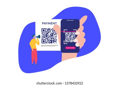 QR code concept illustration of young people scanning barcode using mobile smartphone for online shopping and payment Suitable For web landing page template, banner, flyer, brochure, and presentation