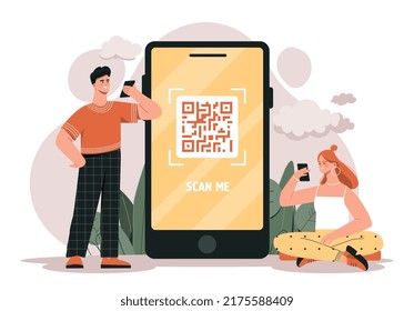 Qr Code Concept. Man And Woman With Smartphones Scan Link, Quick Transition To Website. Internet Promotion Of Products And Online Marketing. Shortened Page Address. Cartoon Flat Vector Illustration