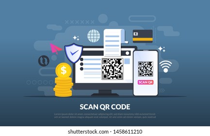 QR code concept, A mobile phone with a scanner reads the qr code on computer for online shopping and payment,  flat icon,suitable for web landing page, banner, vector template