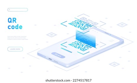 QR code concept. Smartphone scans bar code, shortened link. Online shopping, electronic commerce and cashless payment. Landing page hi tech design. Cartoon isometric vector illustration