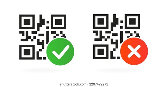 The QR code is confirmed with a tick and rejected with a cross. Vector illustration