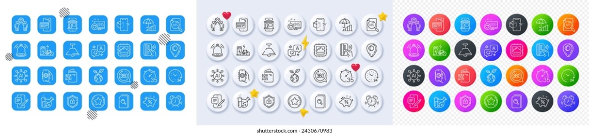 Qr code, Contactless payment and Heart line icons. Square, Gradient, Pin 3d buttons. AI, QA and map pin icons. Pack of Time management, 360 degrees, Marketplace icon. Vector