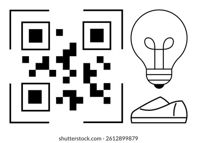 QR code in contrast with a light bulb and shoe symbolizing innovation and technology. Ideal for digital marketing, retail, creative ideas, product design, consumer engagement, smart devices