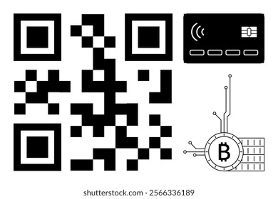 QR code with credit card and Bitcoin symbol emphasizing digital transactions. Ideal for fintech, cryptocurrency, payment processing, modern banking, technology themes. Simple, minimalist, modern