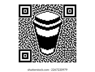 QR code with cup of coffee or tea and pixelated texture isolated on white background. Take out coffee icon for mobile app, link, delivery service, cashless payment or other  using. Vector illustration