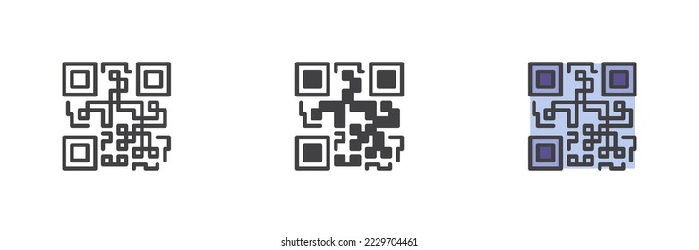 QR code different style icon set. Line, glyph and filled outline colorful version, outline and filled vector sign. Symbol, logo illustration. Vector graphics