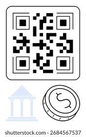 Código QR exibido acima de um ícone de banco e moeda com sinal de dólar. Ideal para soluções tecnológicas, serviços bancários digitais, pagamentos móveis, criptomoeda, transações seguras, comércio eletrônico, tecnologia financeira