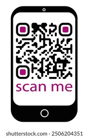 QR code displayed on smartphone screen icon with scan me text underneath. Minimalistic design on white background. Concept of digital information access. Vector illustration