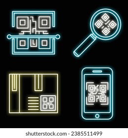 QR code element icons set. Outline set of QR code element vector icons neon color on black