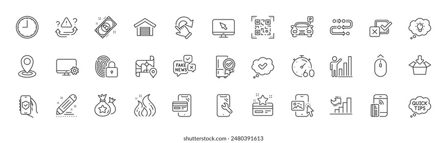 Qr code, Energy and Loyalty points line icons. Pack of Fake news, Lock, Checkbox icon. Map, Swipe up, Phone image pictogram. Location, Certified refrigerator, Loyalty card. Growth chart. Vector