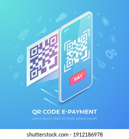 QR code e-payment banner. 3d Scanning barcode on smartphone screen and icons, QR pay isometric vector concept. Online contactless payment with electronic pay, Digital mobile cashless payment