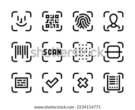 Qr code, Face recognition and Scan process line vector icons. Identification, Authentication and Object scanning editable stroke outline icon set.