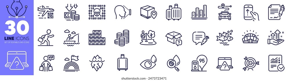 Qr code, Fish school and Water analysis line icons pack. Fishing place, Graph chart, Secret package web icon. Target, Face id, Analysis graph pictogram. Businessman run, Lgbt, Baggage. Vector