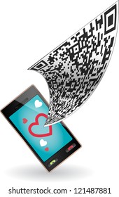 QR code flies in the smartphone. Phone with hearts.