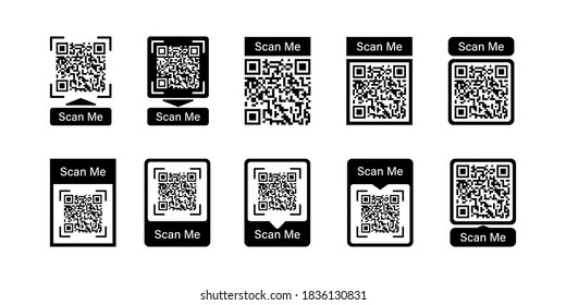 Qr code frame vector set. Scan me phone tag.  Barcode smartphone id icon. Cellphone qrcode banner. Mobile payment and identity on white background.