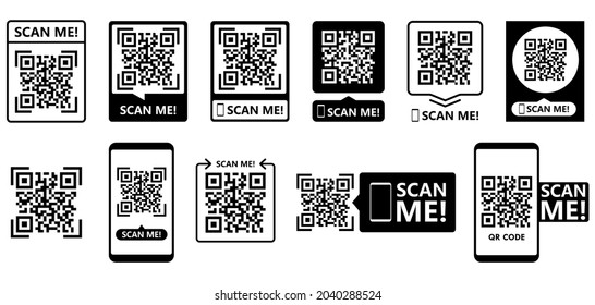 Qr code frame vector set. QR code scan for smartphone. Template scan me Qr code for smartphone. QR code for mobile app, payment and phone. Scan me phone tag. Barcode smartphone id icon.