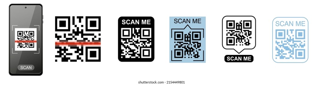QR code frame vector set and scanning phone. Scan me phone tag. Template of QR code for mobile app, payment, smartphone, pda, mobile phone. Vector illustration. Electronic, barcode, digital technology