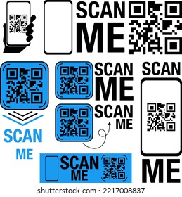 Qr code frame vector set. Scan me phone tag. Qr code mock up, mockup. Barcode smartphone id icon. Cellphone qrcode banner. Mobile payment and identity on white background.