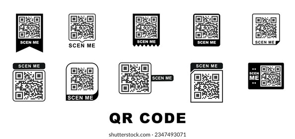 Qr code frame vector set. Scan me phone tag. Qr code mock up, mockup. Barcode smartphone id icon. Cellphone qrcode banner. Mobile payment and identity on white background.
