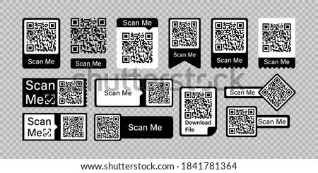 Qr code frame vector set. Scan me phone tag. Qr code mock up, mockup. Barcode smartphone id icon. Cellphone qrcode banner. Mobile payment and identity on white background.