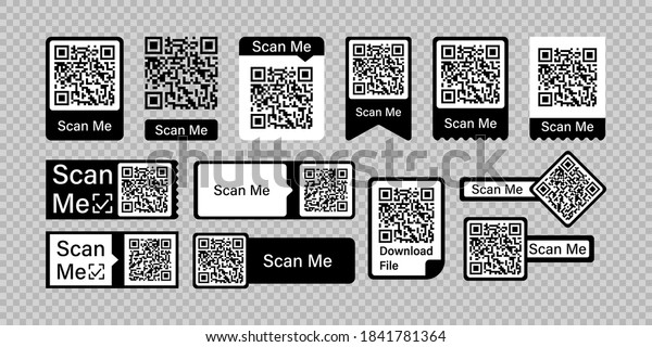Qr code frame vector\
set. Scan me phone tag. Qr code mock up, mockup. Barcode smartphone\
id icon. Cellphone qrcode banner. Mobile payment and identity on\
white background.