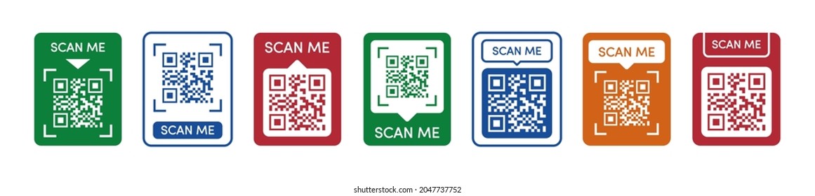 Qr code frame vector template set color style. Scan me tag. Qr code mock up. Barcode smartphone id icon, mobile payment and identity isolated on white background.