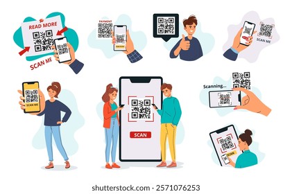 QR code frames with people. Cartoon characters using smartphones to scan qr codes, mobile scanning process and scan me templates with phone in hand. Vector illustrations set.