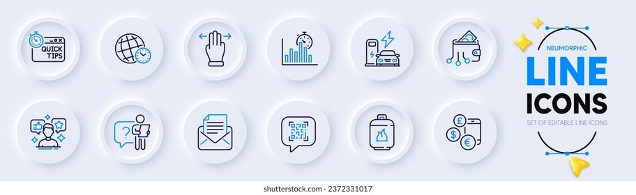 Qr code, Gas cylinder and Currency rate line icons for web app. Pack of Search employee, Charging station, Quick tips pictogram icons. Digital wallet, Multitasking gesture, Time zone signs. Vector