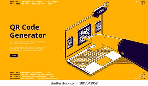 Qr code generator isometric landing page, hand push on screen using service for creation machine readable optical mark for getting information or cashless online payment, 3d vector line art web banner