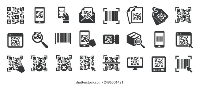 QR Code glyph solid icons collection. Containing barcode, identity, identification, digital. For website marketing design, logo, app, template, ui, etc. Vector illustration.