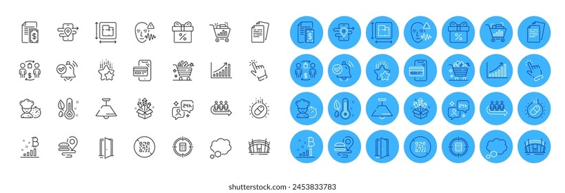 Qr code, Graph chart and Calculator target line icons pack. Seo shopping, Capsule pill, Talk bubble web icon. Open door, Bitcoin graph, Ceiling lamp pictogram. Arena stadium. Vector