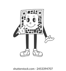 Código QR Groovy Carácter. Alegre mascota clásica de código de barras de dibujos animados para la instrucción de escaneo. Ilustración vectorial de contorno blanco y negro para infografía, niños