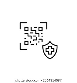 Qr code, health insurance shield. Scan to access medical care. Pixel perfect vector icon