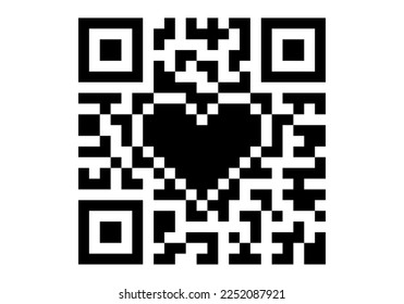 Qr code with heart isolated on white background. Pixelated qr code monochrome icon for St. Valentines day, link, wedding card, cardiology logo, game icon, web design and other use. Vector illustration