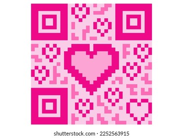 Qr code with heart isolated on white background. Pixelated qr code monochrome icon for St. Valentines day, link, wedding card, cardiology logo, game icon, web design and other use. Vector illustration