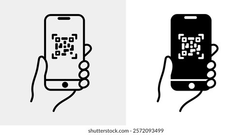 QR code icon. Cell phone scanning qr code vector illustration. Hand holding phone with scanner symbol isolated on white background