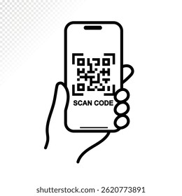 QR code icon. Cell phone scanning qr code vector illustration. Hand holding phone with scanner symbol isolated on white background 