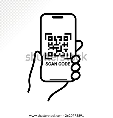 QR code icon. Cell phone scanning qr code vector illustration. Hand holding phone with scanner symbol isolated on white background 