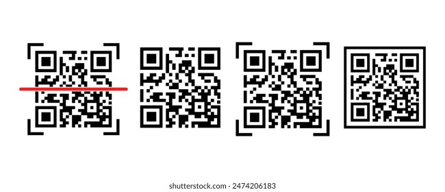 Icono de código QR. Falsa Plantilla de respuesta rápida matriz de código de barras en cuadrícula cuadrada. Etiqueta digital legible de la cámara del teléfono móvil aislada en el fondo blanco. Ilustración gráfica de Vector