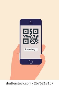 qr code icon. Hand holding smartphone with qr code in screen