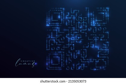 Icono de código QR iluminado con estrellas y líneas. Signo tecnológico, efecto neón, estrellarse en el universo.