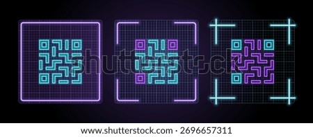 QR code icon illustration, cyber neon visual, glowing border grid vector.	