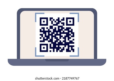 QR code icon. Laptop with qr code on screen. Special identity code sign. Vector flat illustration 