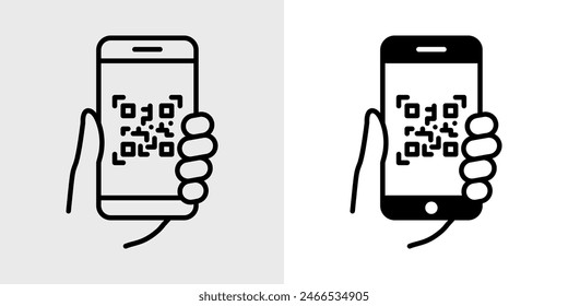 QR code icon. Mobile phone scanning qr-code vector illustration. Hand holding a phone with scanner symbol isolated.