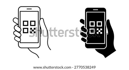 QR code icon. QR code scanning icon vector. Mobile phone scanning QR code vector. Hand holding a phone with a scanner symbol. Vector illustration.